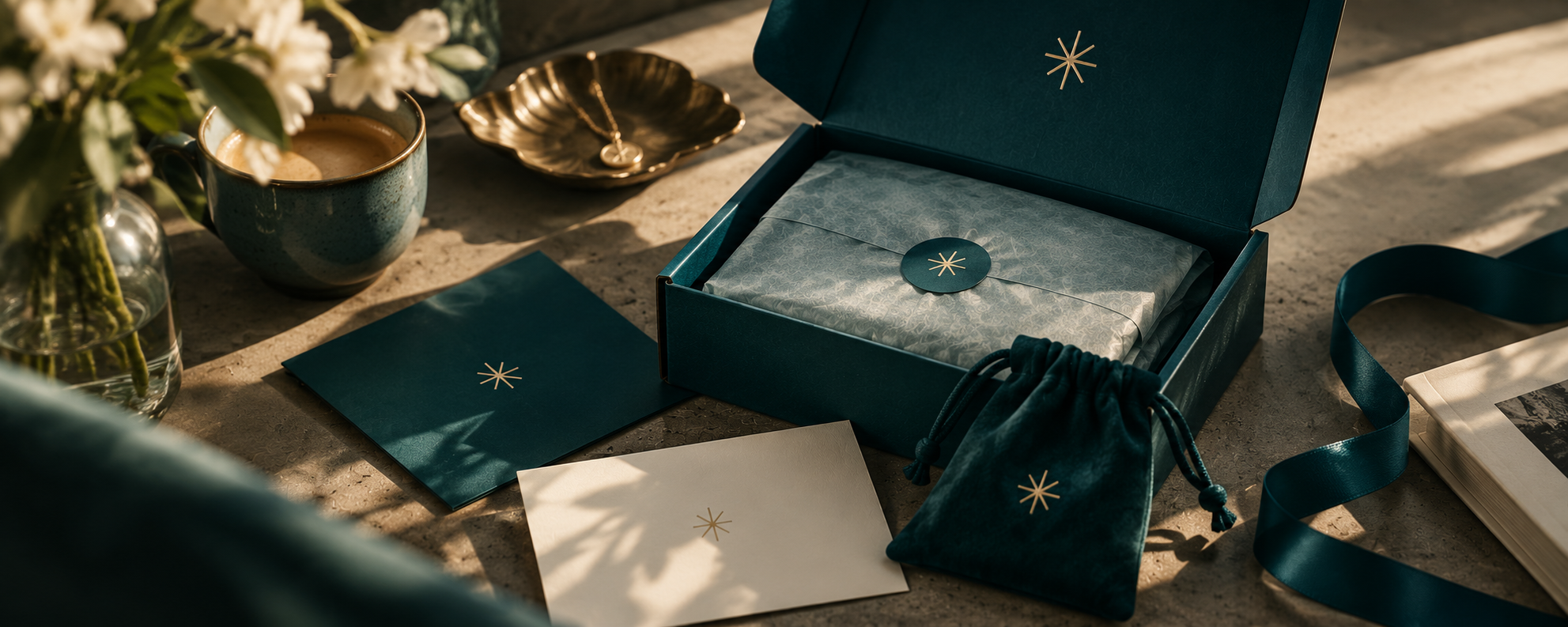 Symbol Things packaging: teal box, tissue, velvet pouch, cards and ribbon