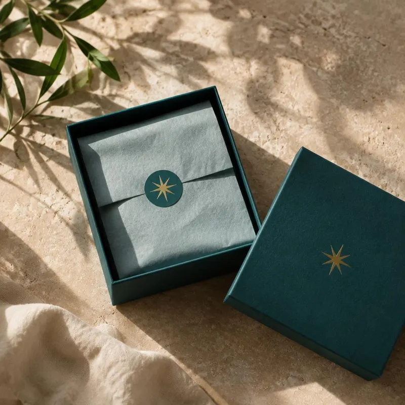 Open gift box with tissue sealed by a star sticker