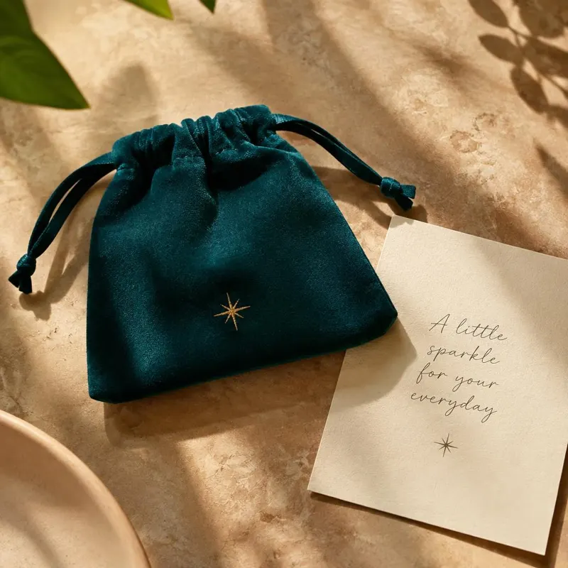 Velvet pouch beside a handwritten card